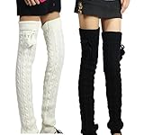 Women Long Thick Ribbed Cable Knit Trimmed Pompon Soft Leg Warmers, 2 Pack, White/Black, One size Fits most