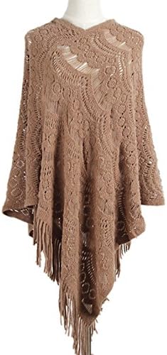 DZHniitawh Women's Knit Crochet Hollowed Tassel Poncho Sweater Pullover Cape Shawl Wrap