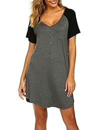 Ekouaer Camisón de dormir para dama, cuello en V, manga suelta, botones para dormir, tallas S-XXL