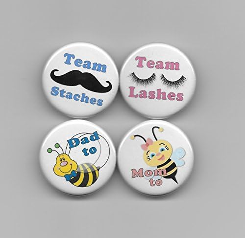 1-1/4" Team Staches &amp; Team Lashes, PLUS Mom &amp; Dad to Bee, Gender Reveal,Boy Girl,Baby Shower Party Favor, Pin Back Buttons, Round, Pinback, Set of 22