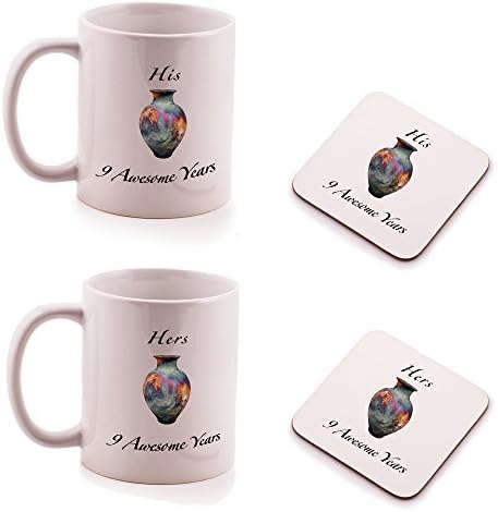 Pottery 9th Wedding Anniversary His and Hers Mug and Coasters gift set - by Ukgiftbox
