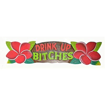 JXYUEWL WorldBazzar 39" Tiki BAR Wooden Sign Drink UP Bitches Cocktails Parrot Drinking Beach Happy Hour Sign C