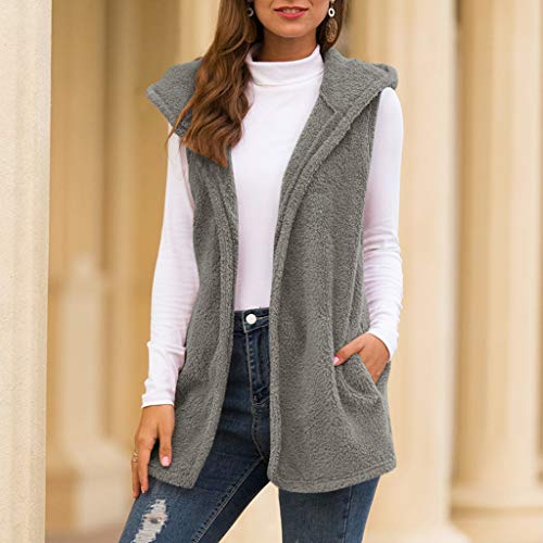 Hemlock Women Vest Coat Sleeveless Hoodies Cardigan Sweater Warm Waistcoat Sherpa Jacket Coat Outerwear Tops Pullovers (L, Grey 2) - Thumbnail 4