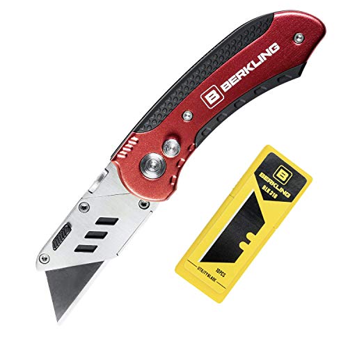 Berkling-Folding-Utility-Knife-Box-Cutter-Pocket-Size-wBelt-Clip-Premium-Compact-Light-Weight-Aluminum-Body-Quick-Change-Blade-Safety-Lock-10-Laser-Sharpened-Ultra-Sharp-SK2H-Black-Blades-Red