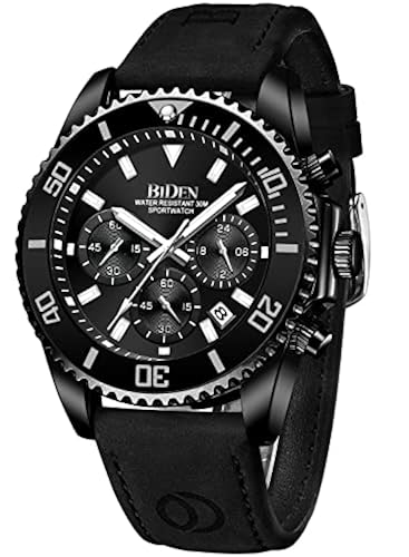 BIDEN Mens Watches Chronograph Black Leather Waterproof Date