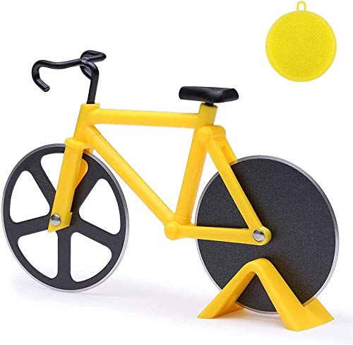 Bicycle Pizza Cutter, Bike Pizza Cutter Stainless Steel Pizza Wheel Slicer, Dual Pizza Knife Super Sharp Blades with Non-Stick Coating & Kickstand, Kitchen Gadgets Party Supplies, Yellow