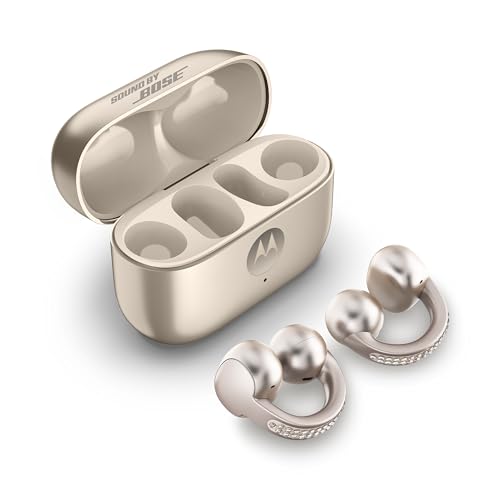 Motorola Moto Buds Loop ft. Sound by Bose (Open-Ear-Earbuds, BT 5.4, kristallklarer Sound, Geräuschunterdrückung, kabelloses Laden, Akkulaufzeit bis zu 8 Std.) French Oak mit Swarovski-Kristallen