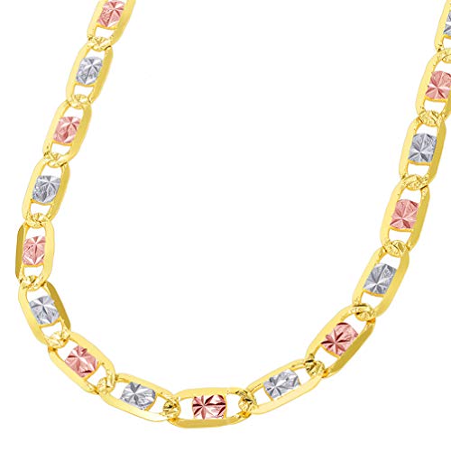 Solid 14k Tri Color Gold 5.5mm Flat Valentino Chain Necklace with Lobster Clasp, 24"