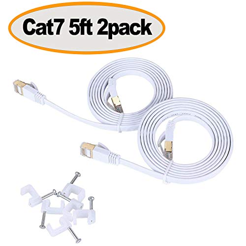 Cat 7 Ethernet Cable 5 ft (2 Pack) white - Shielded (STP) Flat Computer Cable With Snagless Rj45 Connectors- 5 feet (2 Pack)