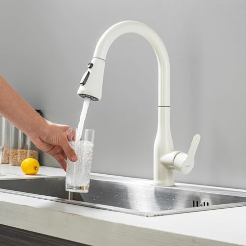 ONECE White Kitchen Tap with Pull-Out Shower Head 3 Modes, Single Lever Sink Mixer Tap 360° Rotating, Extendable Taps, 304 Stainless Steel, Removable Aerator