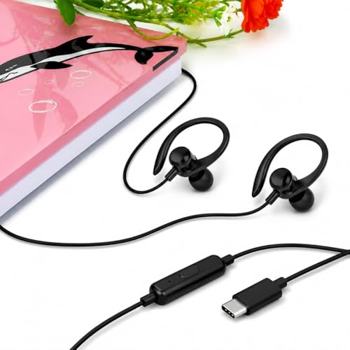 Fone de Ouvido Esportivo com Fio USB Tipo C. Intra-Auricular com Gancho, Microfone Integrado e Controle de Volume – Ideal para Corrida, Academia e Caminhadas (Preto, USB-C)