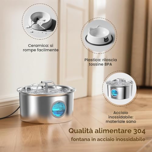 Fontanella Per Gatti Acciaio Inox: 2.6L Fontana per Gatto - Automatico Fontanella Gatto - Super Silenzioso Dispenser Acqua Gatti