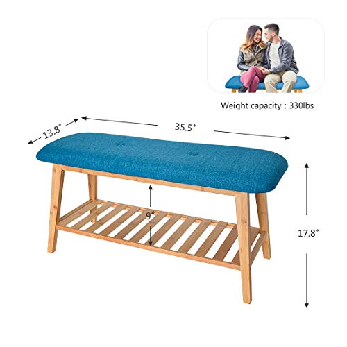 Shoe Rack Bench Entryway – Navy Blue Upholstered Padded Cushion Bamboo Storage Ottoman Seat Free Standing for Hallway Bedroom Living Room Mudroom by Domax