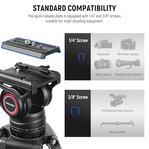 NEEWER 74" Video Tripod with Fluid Head & Damping Control, Aluminum Heavy Duty Camera Stand Professional with QR Plate for DSLR Camcorders for Video Recording, Cleaning Cloth, Max Load 17.6 lbs, TP74