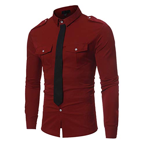 LEXUPA Men's tops and hoodies Men Spring Solid Color Slim Fit Long Sleeve Fake Tie Tee T-shirt Top Blouse