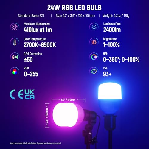 Neewer RGB Softbox Lighting Kit with App Control & 9 Effect Modes, 2 Pack 24W CE/UKCA Certified LED Bulbs CRI93+ TLCI98+, E27 Porcelain Sockets, 24" Softboxes, for Studio Photography Lighting, NK800
