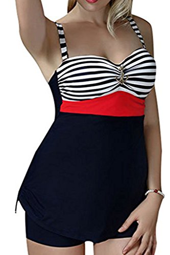 CharmLeaks Women's Two Piece Big Cup Bandeau Stripe Tankini Set Swimsuit