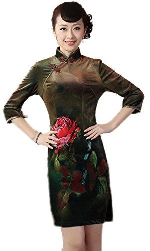 AvaCostume Women's Pleuche 3/4 Sleeve Flower Printed Knee Length Qipao Dress