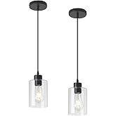 KLSS Modern Black Farmhouse Clear Glass Cylinder Pendant Light Fixture,Island Lights for Kitchen,Mini Pendant Lighting for Ki