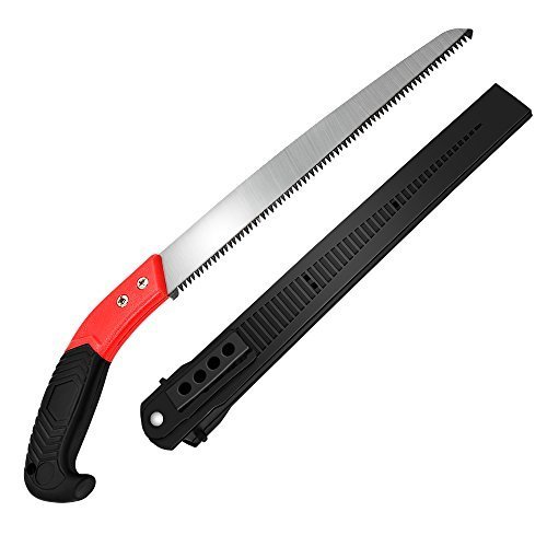 Pruning Saw with Sheath,VECOO Heavy Duty Gardening Saw 18.1 Inch Curved Blade Hand Saw Comfort Handle with Saw Blade Enclosure - Perfect for Trimming Trees, Plants, Shrubs, Wood, and More - Red Handle