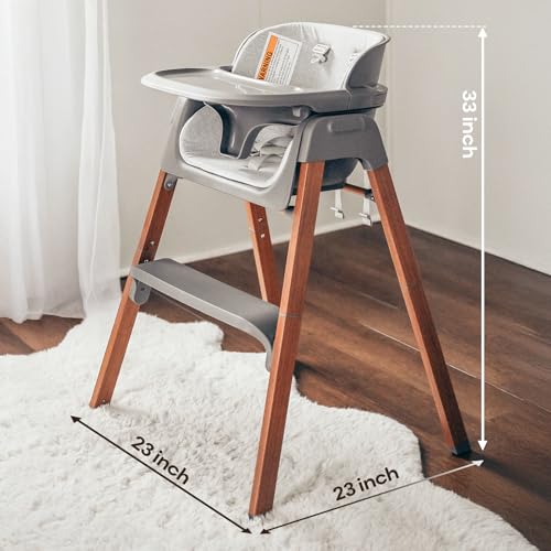 Fodoss Baby High Chair, Foldable Convertible, 5-Point Harness, Easy Clean Wood-Printed Metal Frame with Removable Tray, for Family (Gray & Walnut Wood-Printed Metal)