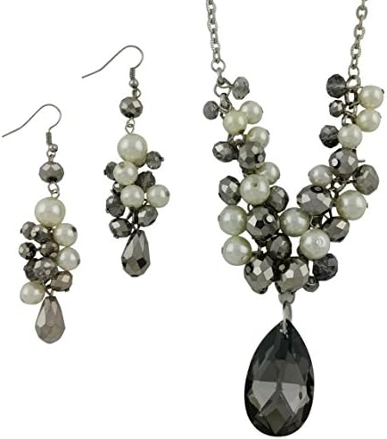 Chandelier Statement Necklace with Crystals and White Glass Pearls, Light Weight, Silver Tone Chain