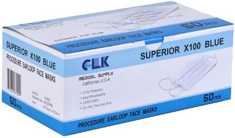 CLK MEDICAL SUPPLY ME3396B Superior X100 Ear Loop Procedure Face Masks, Easy Breathability, Light and Soft, 3-ply, 17.5 cm x 9.5 cm, Blue