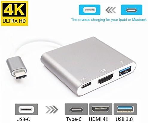 USB 3.1 Type-C to HDMI 4K Multi port Adapter USB C to USB3.0 Data Transfer, Type C 3.1 Charging Port and HDMI 4K Port, Thunderbolt 3 Adapter 3 in 1 Aluminum USB3.1 C Hub for Macbook,ChromeBook(Silver)