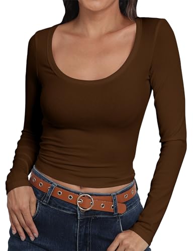 Roselux Womens Long Sleeve Scoop Neck Ribbed Knit Fitted Crop Top Casual Basic Shirts Brown,M,3837 at Amazon