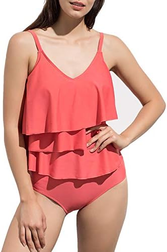 HaoShou Women's Vintage Ruffle Tankini Sets 3-Tiered Flounce Two Piece Sets Swimming Costume