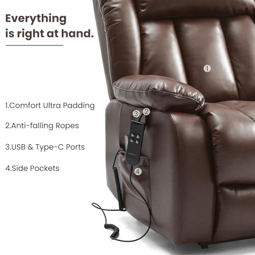Elderly Dual Motor Power Lift 180° Lay Flat Leather Recliner Chair Brown | USB-C Charging Port, Massage & Lumbar Heat, Side Pocket, Remote, Easy Assembly