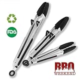 Kitchen Tongs Set Stainless Silicone Cooking Tongs - 3 Piece Set Of 7,9 And 12 Inch Heat Resistant Locking Salad Tongs With Built-in Stand - A Serving And Feeding Set For BBQ,Grill,Salad,Cooking