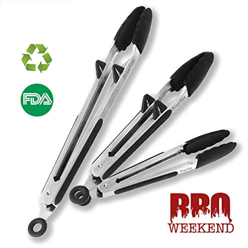 Kitchen Tongs Set Stainless Silicone Cooking Tongs - 3 Piece Set Of 7,9 And 12 Inch Heat Resistant Locking Salad Tongs With Built-in Stand - A Serving And Feeding Set For BBQ,Grill,Salad,Cooking