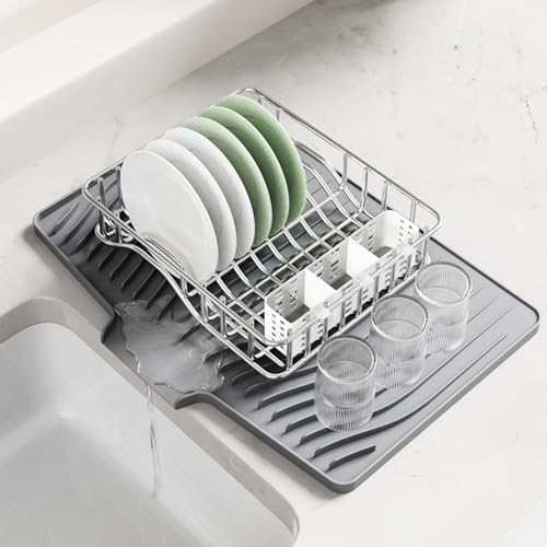 Premium Silicone Dish Drainer with Inclined Design - Non-Slip, Heat Resistant (446°F), Quick Drying Dish Drainer for Kitchen Countertop, Sink (Grey, 37*29.5cm)