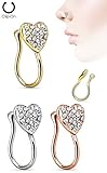 Heart with Gems Clip On Nose Ring Fake Non No Piercing 17GA