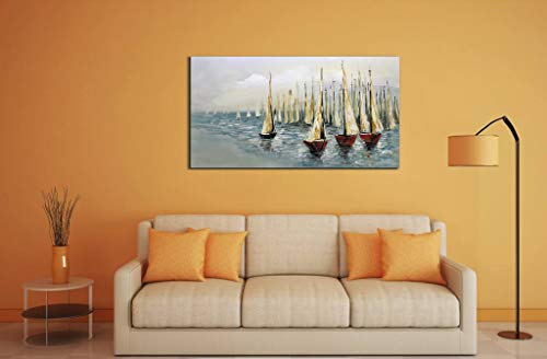 V-inspire Paintings，24x48 Inch Oil Hand Painting Sailing Boat on Blue Sea Warm Color Painting Style Home Decoration Wood Inside Framed Ready to Hang - Thumbnail 6