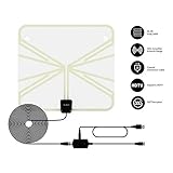 TEC.BEAN Indoor Amplified HD TV Antenna 50 Mile Range with Detachable Amplifier Signal Booster, USB Cable and 16.5FT High Performance Cable(Clear)