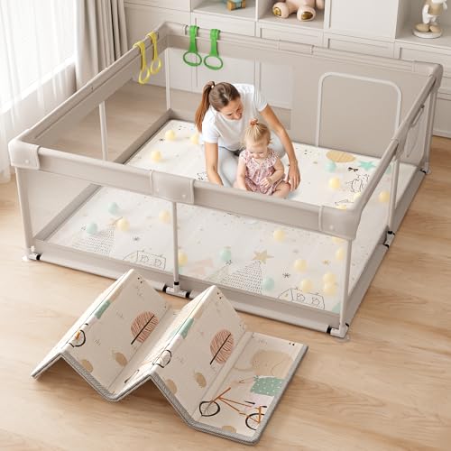 Lertantri Baby Playpen 150 x 150 cm - XXL Baby Playpen with Play Mat, Playpen with Breathable Mesh on Four Sides and Suction Cups