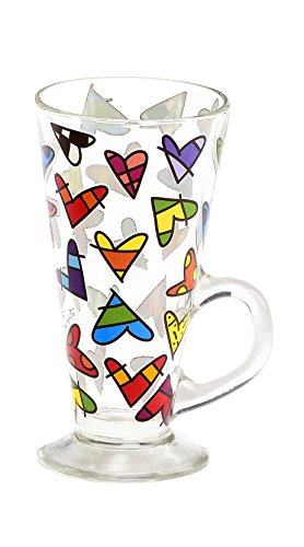 Romero Britto Clear Glass Latte Mug with Heart Decal Design