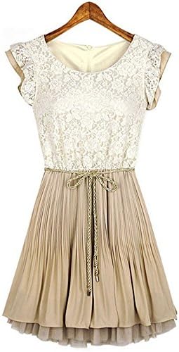 Fashciaga Women's Girls Chiffon Lace Sleeveless Dress Large Beige