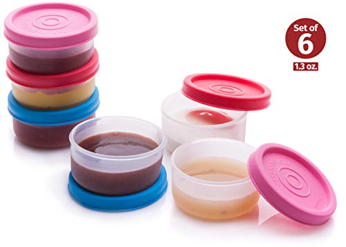 Condiment Cups Containers with Lids- Salad Dressing Container to go Small Food Storage Containers with Lids- Sauce Cups Leak proof Reusable Plastic BPA free 6 pk. 1.3 oz. for Lunch Box Picnic Travel