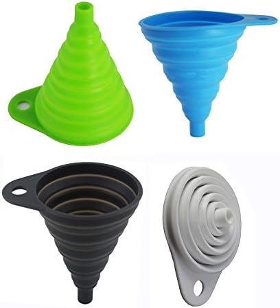 Collapsible Funnel Set 4 Pack for Liquid Powder Transfer - BPA Free Silicone and 5 Layers Foldable - Kitchen, Bath Helper (Black,White,Green,Blue)