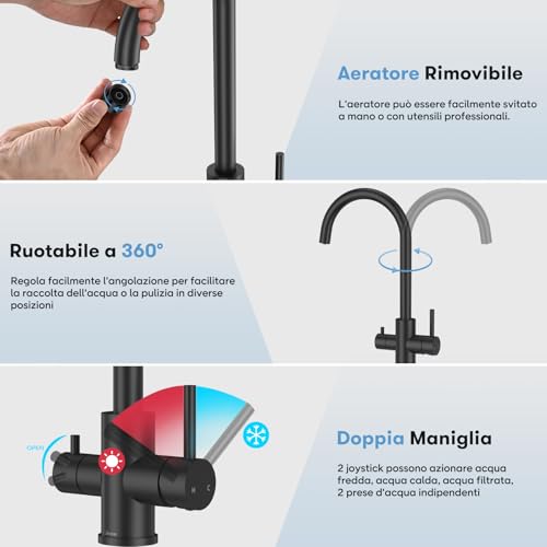 DETBOM 3 Way Kitchen Sink Tap for Osmosis Systems, 3 in 1 Double Lever Drinking Water, Hot and Cold, 360° Swivel, Stainless Steel, Matt Black