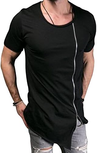Men's Hip Hop Plus Size Long Extended Irregular T-Shirt Tee Zipper Side Asymmetrical Top (Black,XXL)