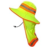 Men High Visibility Reflective Sun Hat with Neck Flap Wide Brim Boonie Hat Bucket Cap