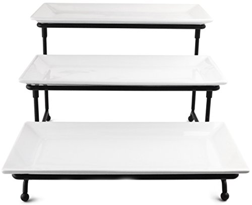Food Serving Tray Set: 3 Tier Metal Display Stand with 3 White Rectangular Stoneware Platters | Perfect for Party Foods, Desserts, Cakes & Cupcakes by Chef's Medal - Thumbnail 2