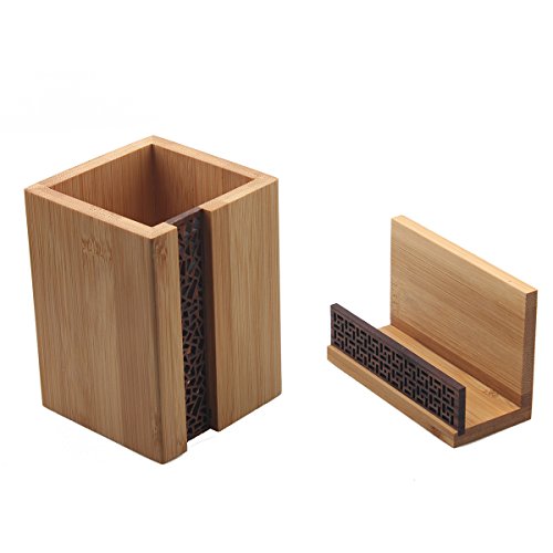 BangQiao Executive Bamboo Wooden Business Name Card Display Stand and Pencil Cup Holder for Desk,Home,and Office,Pack of 2