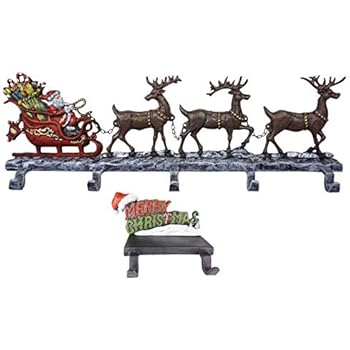 Lulu Decor 100 Cast Iron Decorative Christmas Stocking Holders Santa On Sleigh With Deer 5 Hooks Merry Christmas 2 Hooks Solid Great Appearance