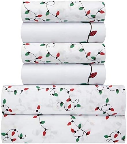 Retreat Home Green & Red Holiday Christmas String Lights Winter Print Embroidered 6-Pc. Bed Sheet Set (Full)