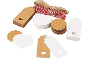 KIMOBER 100PCS Kraft Gift Tags,Paper Tags Lovely Hollow Heart 3 Shape Hang Lable Wedding Favor Tags with Jute Twine and Cotto